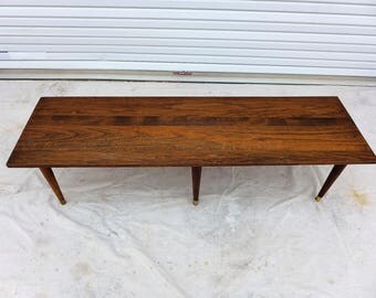 Mid Century Modern Coffee Table Handmade Long Low Table 6 Brass Capped Peg Legs Pine Top Medium Walnut Finish Vintage Wood Living Room