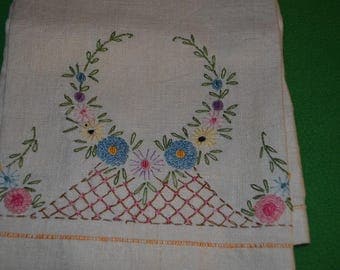 Vintage Off-White Hand Towel with Pretty Multi-Colored Embroidery