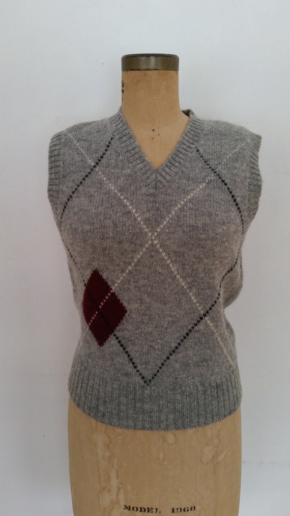 Vintage Argyle Vest 1970's Gray Shetland Wool Vest NOS