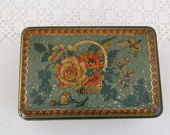 2 Vintage French Metal Cookie Tin / Sugar Cube Box with Floral Rose Flower Mosaic Style Pattern, French Decor, Matching Pair, Retro,, Alsa
