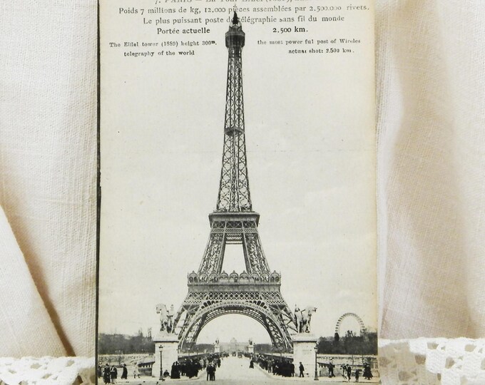 Antique Unused French Black and White Postcard of the Eiffel Tower in Paris, Wireless Tower, French Decor, Vintage Parisian Decor, Shabby