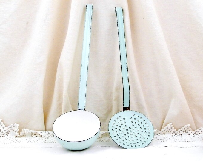 Vintage French Mint Green White Chippy Enamelware Matching Ladle and Strainer, French Country Decor, Kitchen, Cooking Utensil, Retro Home