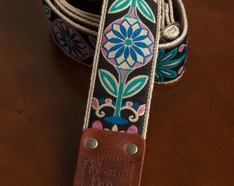 Pink/Turquoise Floral Hemp Guitar Strap