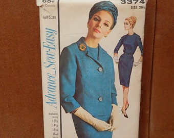 1960's Vintage Advance Sew-Easy #3374 Pattern Dress & Jacket Size 20 1/2