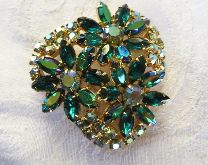 Vintage Rhinestone Flower Brooch, Green Navette and Aurora Borealis Stones, Sparkle Galore!