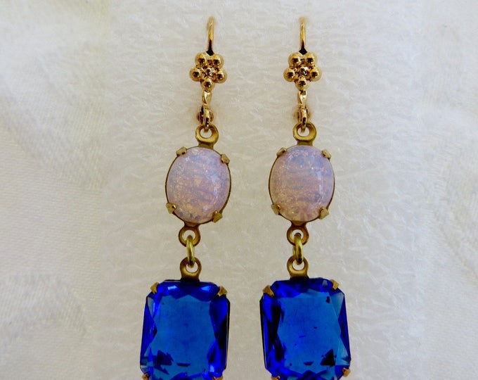 Czech Glass Earrings, Fire Opal & Cobalt Glass Dangle, Drop Earrings, Pierced Ears