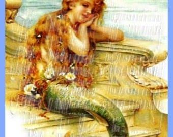 Retro Victorian Book Fabric Melancholy Mermaid Page Illustration Crafts Quilts Applique M161