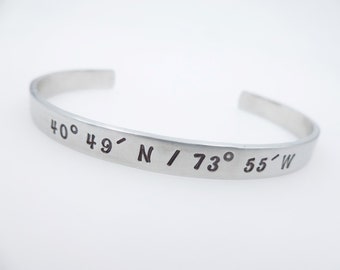 Custom Coordinate Jewelry - Travel Jewelry - Latitude Longitude - Personalized Coordinate Cuff Bracelet Handstamped anniversary gift couple