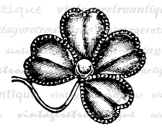 Digital Lucky Four Leaf Clover Graphic Image Illustration Printable Download Antique Clip Art Jpg Png Eps HQ 300dpi No.1404