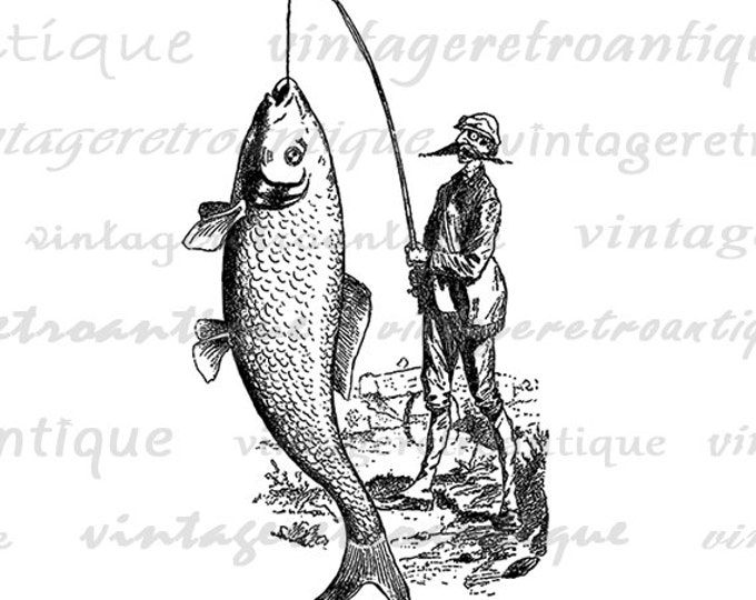 Printable Graphic Fisherman Catching Big Fish Image Digital Download Vintage Clip Art Jpg Png Eps HQ 300dpi No.4228