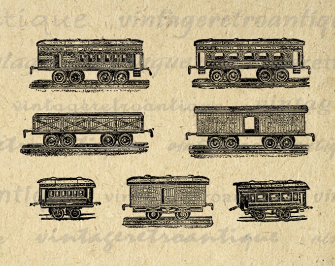 Antique Train Cars Boxcars Digital Image Download Locomotive Artwork Graphic Printable Vintage Clip Art Jpg Png Eps HQ 300dpi No.1788