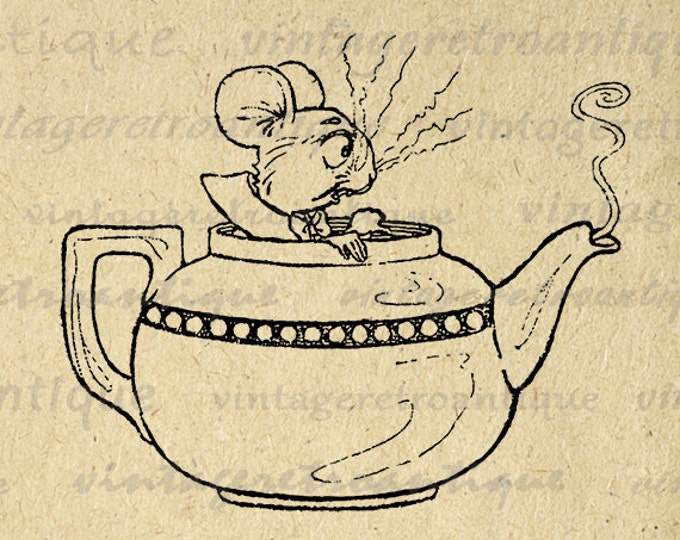 Digital Graphic Mouse in Teacup Alice in Wonderland Download Printable Image Antique Clip Art Jpg Png Eps HQ 300dpi No.2505