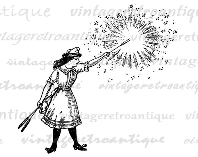 Digital Antique Girl with Sparklers Graphic Image Illustration Printable Download Vintage Clip Art for Transfers HQ 300dpi No.1127