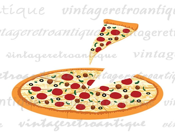 Pizza with Slice Illustration Printable Digital Graphic Image Download Vintage Clip Art HQ 300dpi No.2078