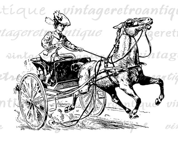 Printable Graphic Woman Riding Horse Carriage Image Old Fashioned Digital Download Jpg Png Eps HQ 300dpi No.1740