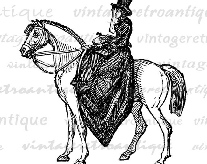 Printable Image Lady Riding Horse Download Old Fashioned Digital Graphic Vintage Clip Art Jpg Png Eps HQ 300dpi No.4234