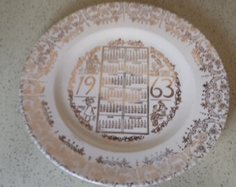 1963 Calendar Plate Gold Trim Sports Theme