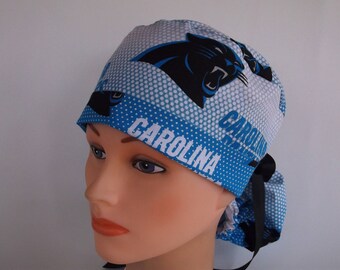 Carolina Panthers Blue fabric Ponytail - Womens lined surgical scrub cap, scrub hat, Nurse surgical cap, F-100w