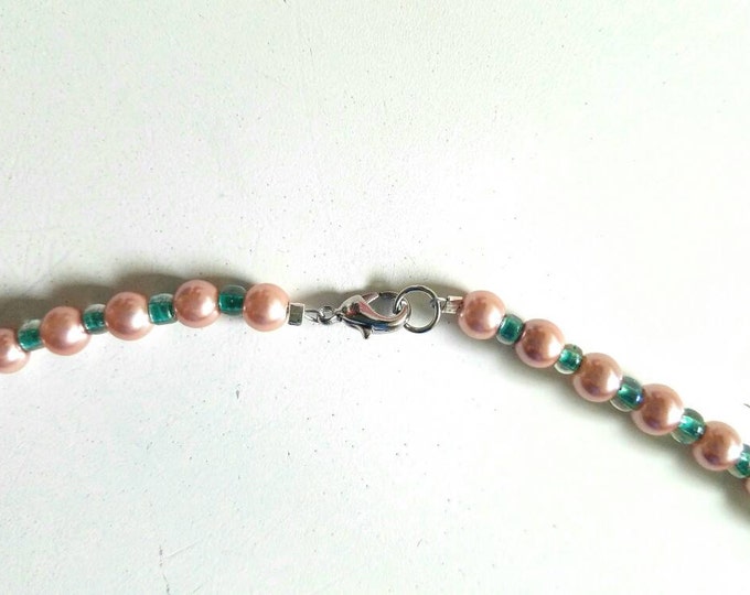 Pink Gold and Teal Beaded Seashell Necklace