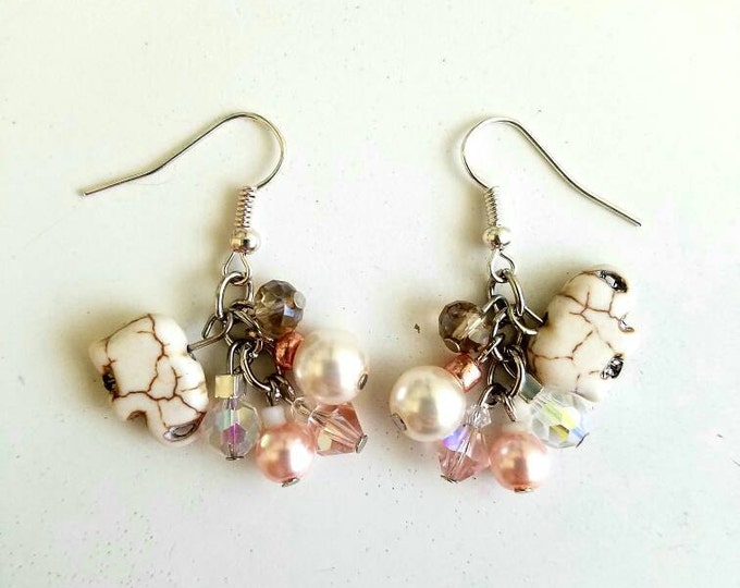 Pink White Clear Glass Elephant Beaded Cluster Earrings