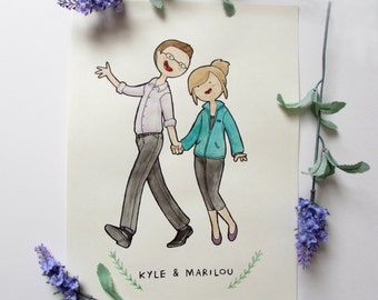 Personalized "Adventure Time" Caricature Custom Watercolor Couple Portrait Illustration