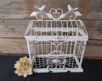 Rustic Distressed Creamy White Bird Cage ~ Weddings Card Holder ~ Shabby Chic Home Decor ~ Old World