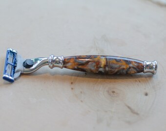 Shaving Razor Handle, Brass, Silver acrylic, Molten Metal acrylic, Mach 3