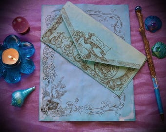 15 Piece Set / Mermaid Stationary / Sea Witch Book of Shadows Pages / Vintage Mermaid Illustrations / Nautical Water Element Paper Envelopes