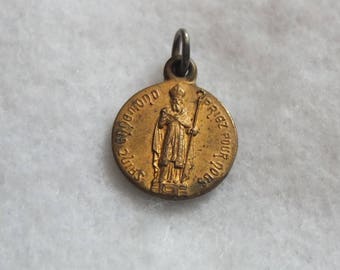 Vintage St. Edmond Priez Pour Nous Religious Catholic Patron Saint Medal Charm Oxidized Round Pendant