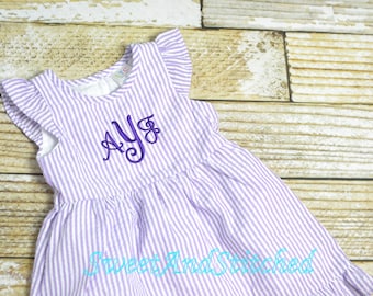 Monogrammed Seersucker dress - baby girl dress with name or monogram, girls seersucker Summer Dress, Baby Girl Beach Dress