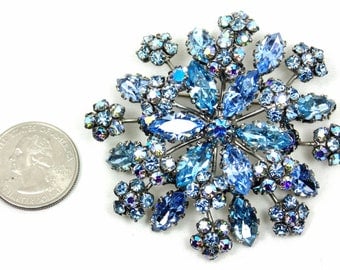 Signed Schreiner New York, Blue Rhinestone Brooch, Vintage Rhinestone Pin, Gift for Mom, Book Piece