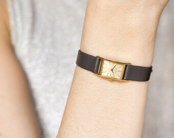 Swiss lady watch gold plated AU 20 – petite woman watch Certina – rectangular watch gift her – retro lady watch - new premium leather strap