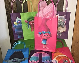 Trolls Poppy Theme Birthday Party Favor Bags poppy dj suki bergen bridget cooper biggie branch twins 1 dozen candy bags 12 paper goodie bags