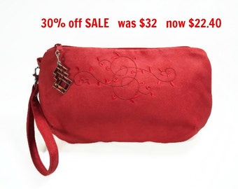 Red Faux Suede Clutch, Zipper Wristlet, Clutch With Embroidered Design, Red Faux Suede Wristlet, Red Clutch, Red Wristlet, Red Purse
