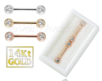 14Kt Gold Nipple Barbell Ring, 14G Nipple Piercing Ring, 14kt Rose Gold, 14kt Yellow Gold, 14kt White Gold, Sold as Pair, Body Jewelry