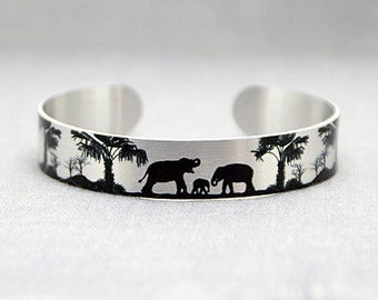 Elephant jewellery, brushed silver cuff bracelet, metal bangle with black elephants. Animal elephant lover gift. Recylced eco friendly. S506