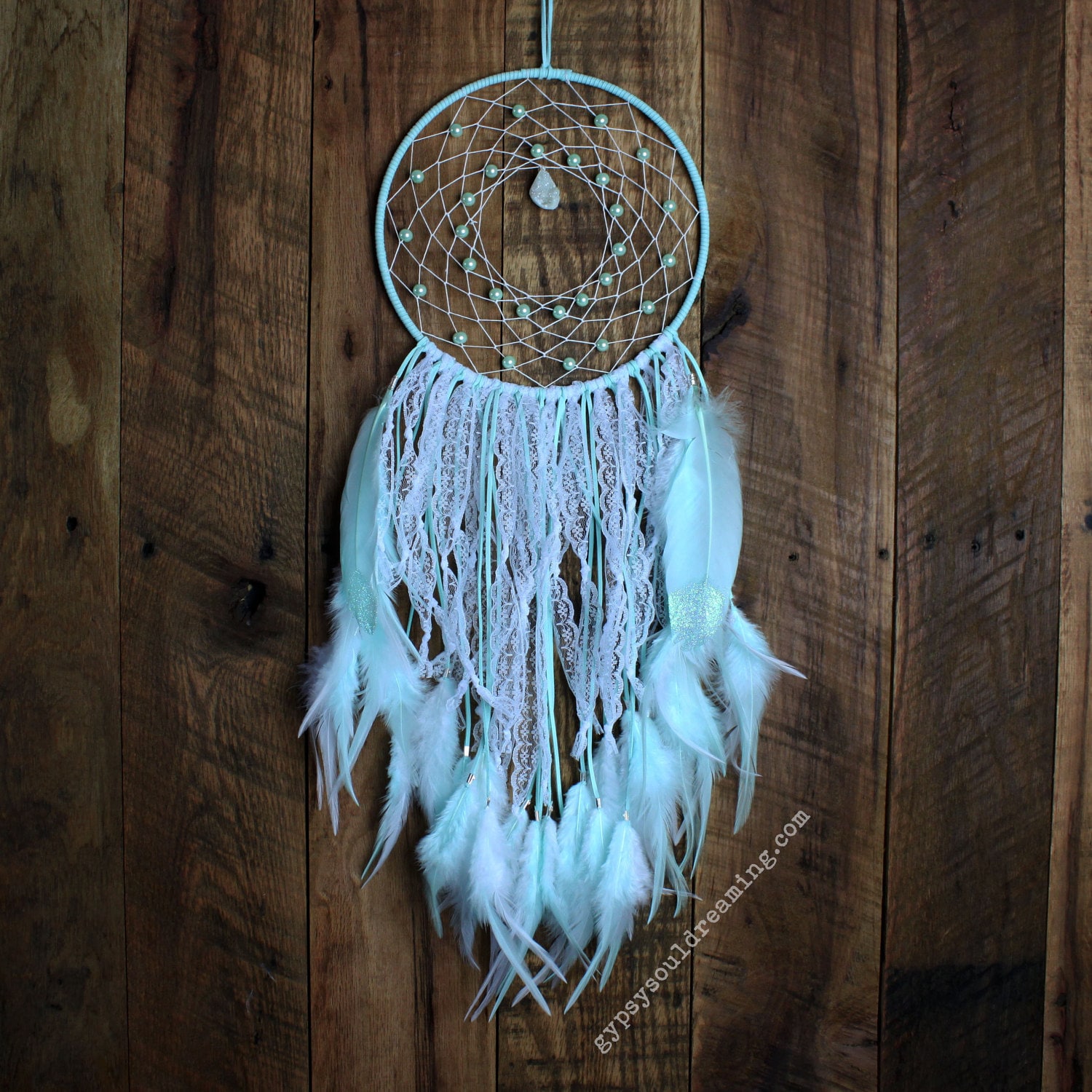 Mint Light Green Dream Catcher with Glass Pearl Beads a