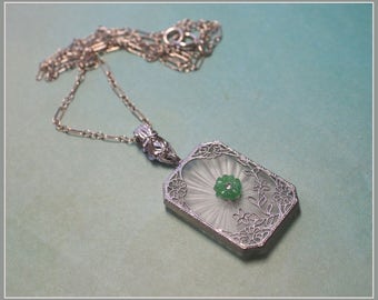 Vintage 1920's Camphor Glass Pendant Necklace - Sterling Silver Chain - Green Glass Flower & Rhinestone Center