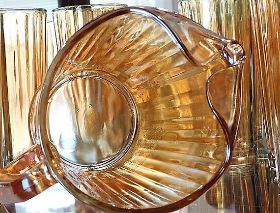 Mid Century 1950s 50s Pitcher Set Vintage Iridescent Carnival Glass Wedding Housewarming Jeanette Pillar Optic Floragold Pitcher Tumblers