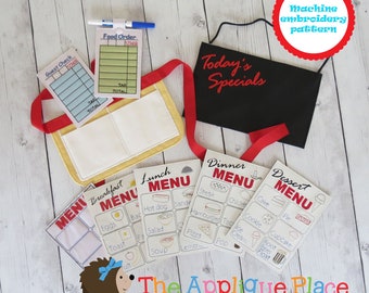 ITH Waitress Play Set - Restaurant Play Food - Machine Embroidery PATTERN Digital File Download Design Pattern In The Hoop - Applique Place