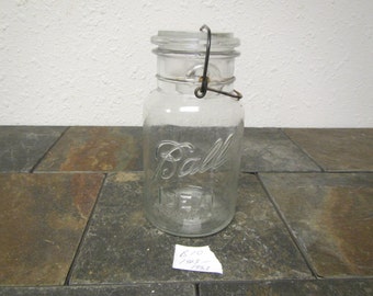 Clear Glass BALL IDEAL JAR, glass cover and wire bail: quart jar, July 14, 1908 patent ,8 on jar bottom , canning jar * 1923 - 1933 * #B-10