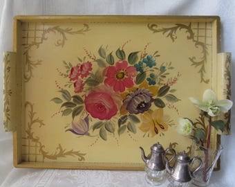 Vintage Hand Painted Wooden Tray, Tole Folk Art Serving/Breakfast Tray