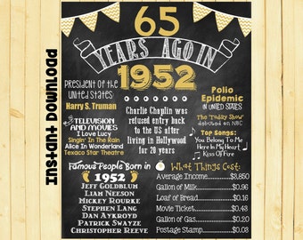 Gold 65th Birthday Chalkboard 1952 Poster 65 Years Ago in 1952 Born in 1952 65th Birthday Gift INSTANT DOWNLOAD