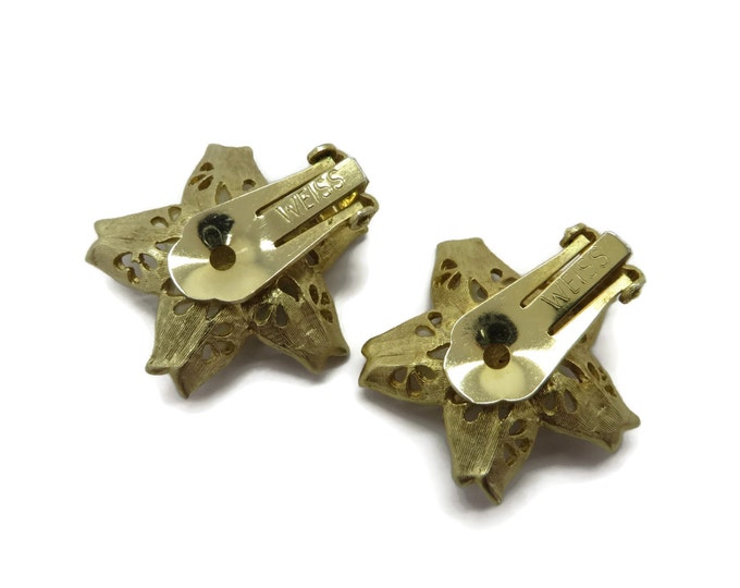 WEISS Green Rhinestone Gold Tone Flower Earrings, Vintage Clip-ons