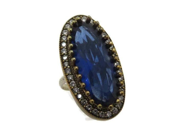 Vintage Blue Sapphire Statement Ring, Sapphire and Topaz Sterling Silver Ring, Size 7