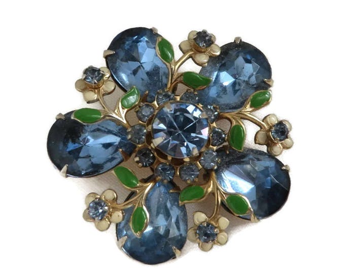 Blue Rhinestone Flower Brooch, Vintage Faux Jade Leaf Designer Runway Estate Jewelry Gift Idea