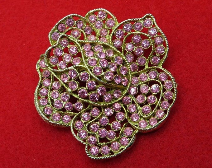 WEISS Pink Rhinestone Brooch Vintage Designer Signed Gold Tone Flower Pin Estate Runway Gift Idea