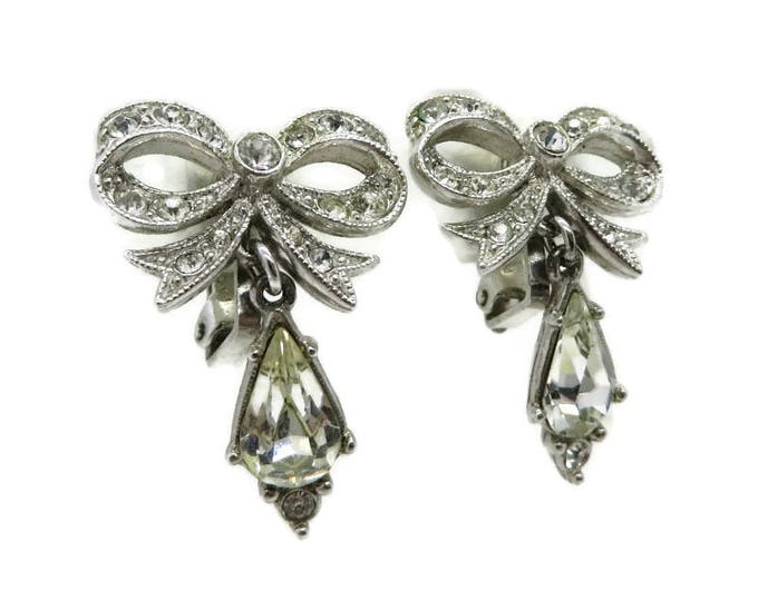 Rhinestone Bow Earrings - Vintage Signed ORA Crystal Dangle Clip-on Earrings, Bridal Jewelry, Valentine's Day Gift