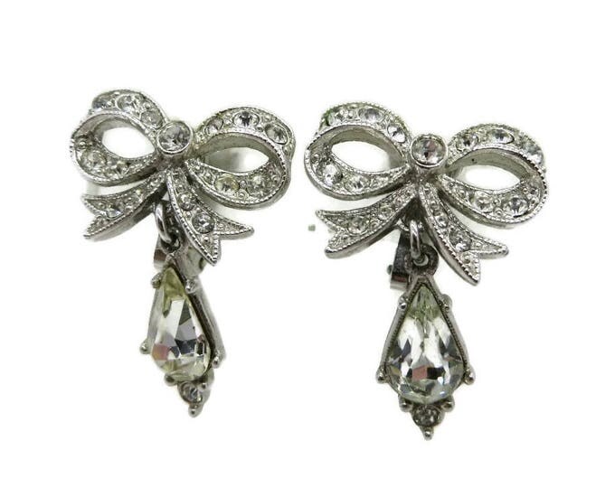Rhinestone Bow Earrings - Vintage Signed ORA Crystal Dangle Clip-on Earrings, Bridal Jewelry, Valentine's Day Gift
