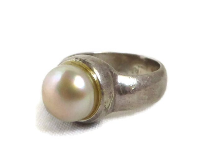 Vintage Pearl Ring Sterling Silver Wide Band Antique Finish Estate Costume Jewelry Ring Size 6
